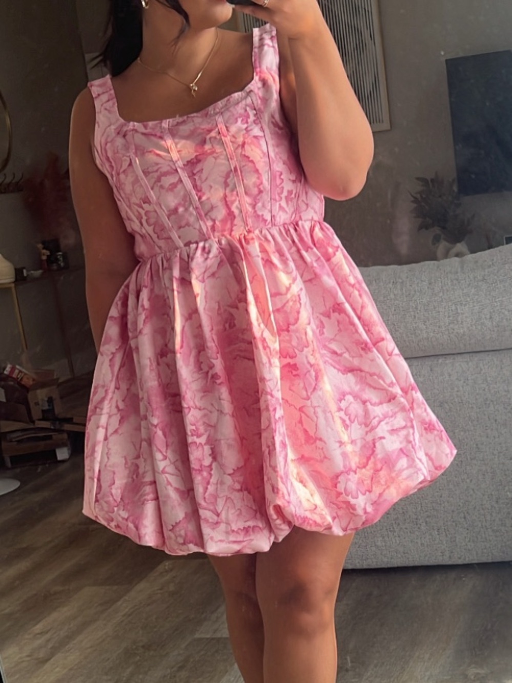 Pink Marble-Print Bubble Hem Women’s Dress